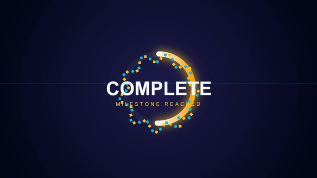 Achieved Goal Visualization A Circular Progress Bar Displaying 'COMPLETE' and 'MILESTONE REACHED' with Glowing Particles on a Dark Background