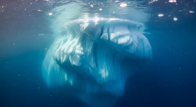 Underwater view of massive iceberg with intricate ice formations and blue hues, majority submerged beneath crystal clear ocean water.