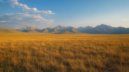 Obraz premium Golden Grassland Landscape with Majestic Mountains in Background