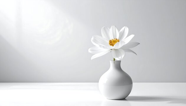 Single white blossom in a small vase on white surface against soft gray background with light