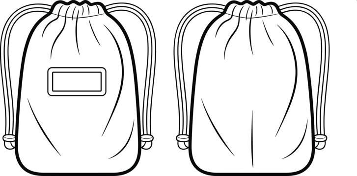 Front and back view of a black and white line art illustration of a drawstring bag accessory design
