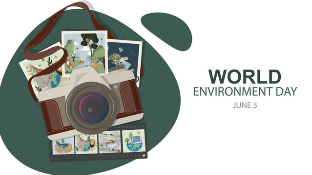 World Environment Day banner with camera, film strip, and nature scenes highlighting sustainability, wildlife, and eco awareness, ideal for campaigns and environmental design. Vector illustration