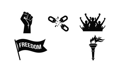 Fototapeta premium Freedom concept with raised fist broken chain and torch vector silhouette illustration art.