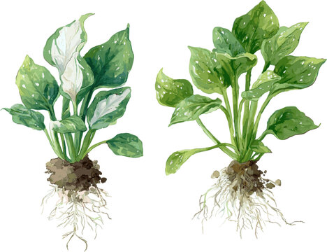 2 sets of fresh lucette plants with green leaves and roots in the ground on white background with different patterns, flat design vector graphics