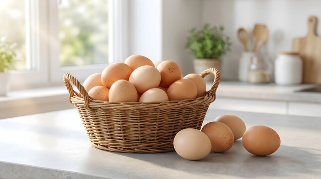 Kumpulan Telur Ayam Segar dalam Wadah Anyaman di Atas Meja Dapur