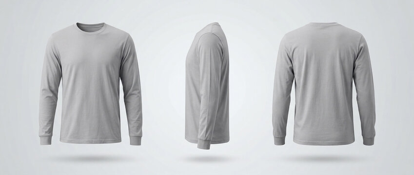 Gray Long Sleeve TShirt Mockup Front Side Back Views 1.