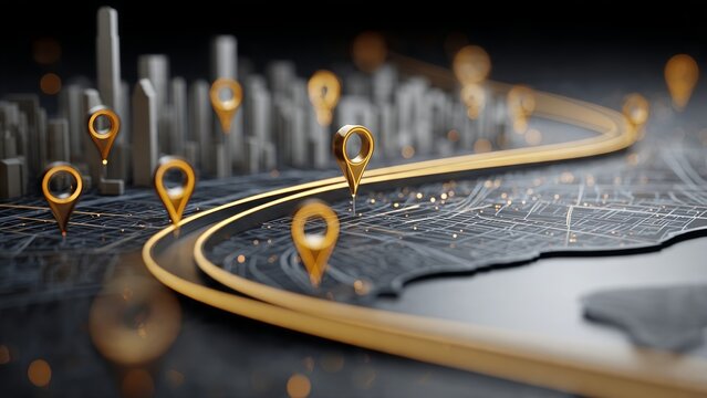 Futuristic 3D city map with golden location pins and roads