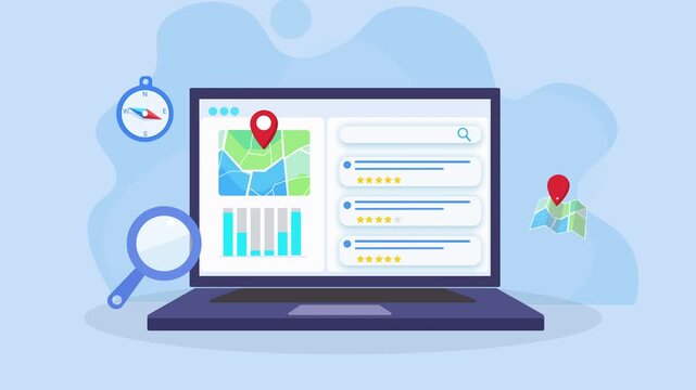 Animated video of a laptop displaying delivery tracking dashboard with map, location pin, charts, checklist, and magnifier. Represents logistics monitoring and real time shipment analytics system.