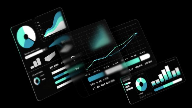 Multiple floating transparent data screens with financial charts and kpi metrics on solid black background.