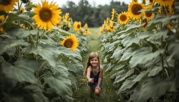 A cheerful little girl in denim overalls is happily walking down a narrow path in a vibrant field of tall sunflowers.