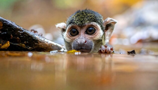 Small monkey gazes from a pool, wet fur glistening, with expressive eyes and a dark nose