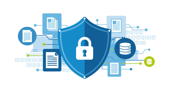 Cybersecurity Data Protection Concept with Shield, Lock Icon, and Digital Information Network