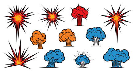 Colorful Set of Comic Book Style Explosion and Abstract Cloud Shape Effect Elements on Isolated White Background © IMRONI
