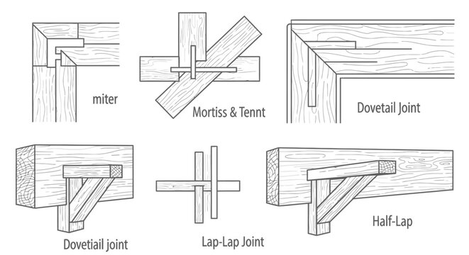Detailed diagram of various woodworking joints including miter, mortise and tenon, dovetail, lap-lap, and half-lap, illustrating carpentry techniques on isolated white background.