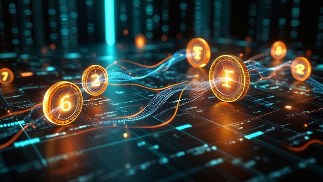 Digital cryptocurrency coins with glowing network lines and data flow on dark tech background.