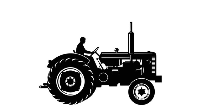 Silhouette of farmer driving vintage agricultural tractor, isolated white background