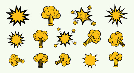 Collection of retro comic book style explosion puffs and starburst icons on a light green background, symbolizing impact and energy. © IMRONI
