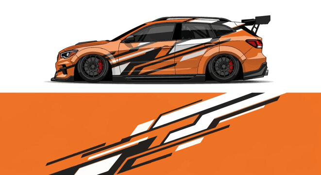 Highspeed orange race car depicted in a bold graphic composition with dynamic design elements.