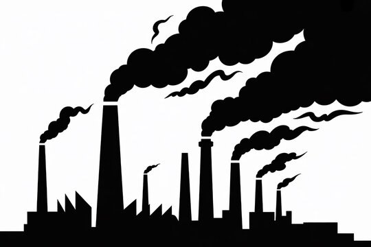 Bold graphic illustration of industrial factories' towering smokestacks belching dense, dark smoke, symbolizing severe air pollution
