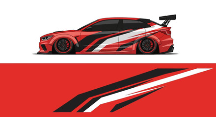 Naklejka premium Red sports car with bold racing stripes and sleek aerodynamic design.