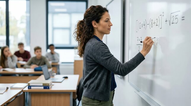 Female teacher passionately explaining a complex math equation on a whiteboard during a classroom lesson