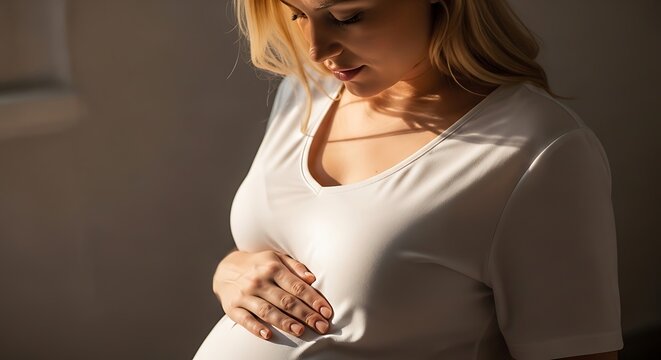 pregnancy ebony glow close up, soft light reflecting on smooth skin, hands caressing belly with subtle elegance, minimal background, ultra detailed realism, cinematic depth of field, 
