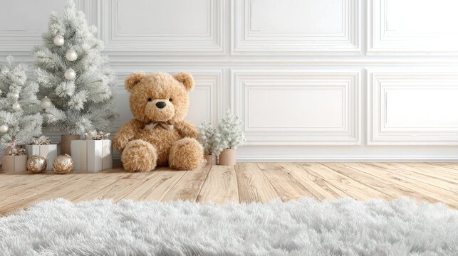 Fluffy brown stuffed animal sits next to miniature frosted holiday trees upon a light wood floor with a plush rug.
