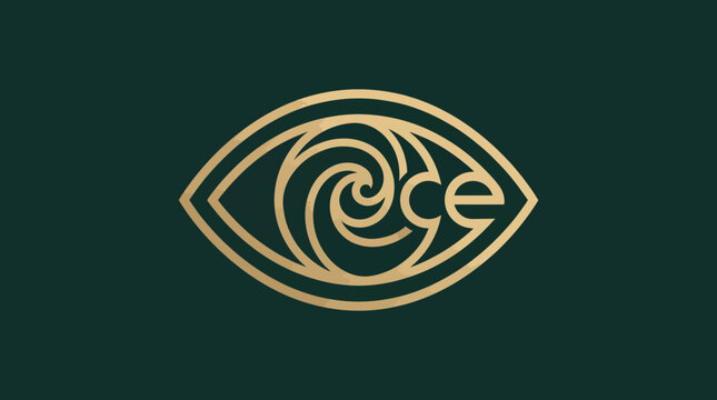 The intricate eye logo showcases a swirling design within its shape, representing perception and insight, crafted in gold on a deep green background for contrast.