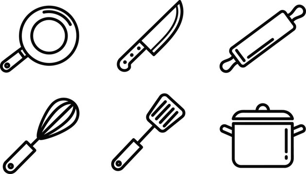 Minimalist Kitchen Utensils Icon Set, Cooking Tools Line Art Vector including Chef Knife, Frying Pan, Whisk, and Spatula