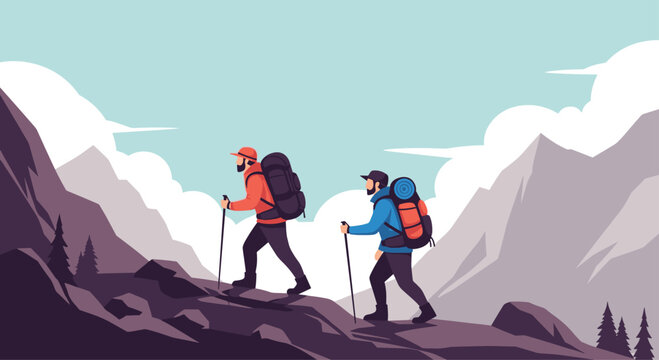 Two male hikers with large backpacks and trekking poles are climbing a steep, rocky mountain path with snowy peaks behind.