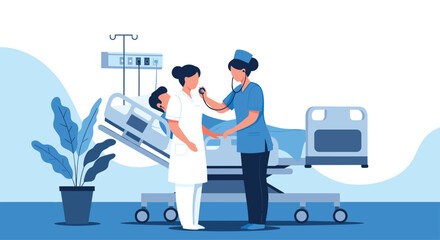 Fototapeta premium Nurses providing medical care to a patient lying in a hospital bed, with one nurse using a stethoscope for a check-up in a clinical setting.