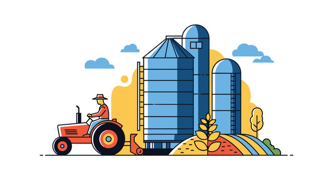Farmer driving a tractor near large grain silos on a farm, with colorful fields and clouds in a modern flat design illustration.