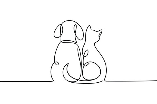 Continuous line drawing of a dog and cat sitting side by side