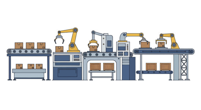 Automated factory production line with robotic arms and conveyor belts.