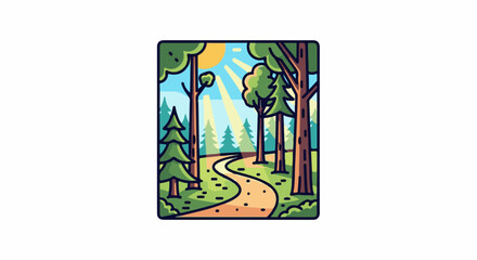 Obraz premium Sunlit forest path winds through tall trees under a bright blue sky