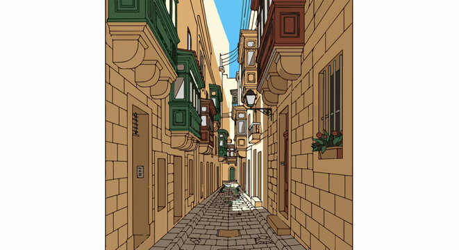Sunlit narrow street with traditional balconies and cobblestone path