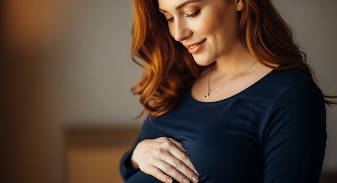 pregnancy readhead glow close up, soft light reflecting on smooth skin, hands caressing belly with subtle elegance, minimal background, ultra detailed realism, cinematic depth of field, 