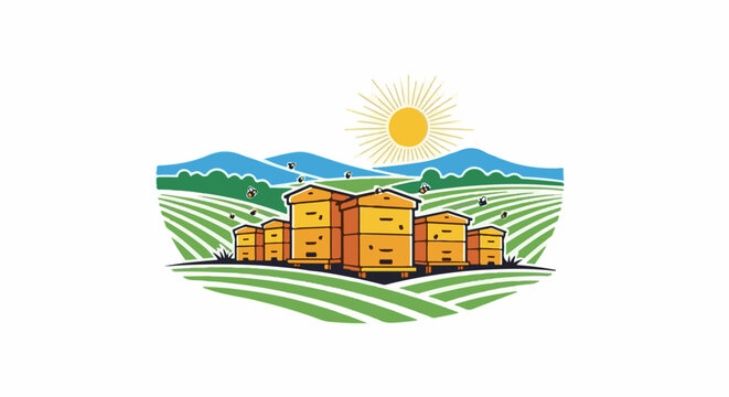 Sunny landscape with apiary and flying bees in the foreground