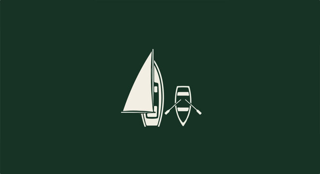 Two simple line drawings of boats on a dark green background