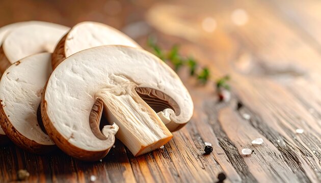 Sliced portobello mushrooms on rustic, varnished wood. Shallow depth of field and natural lighting accentuate texture