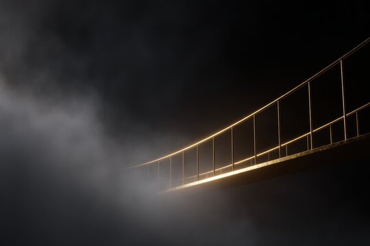 3D render of a golden bridge over a dark abyss, overcoming challenges