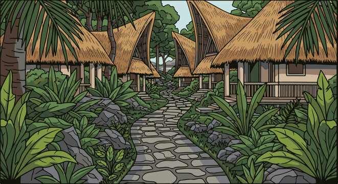 Tropical huts with thatched roofs line a winding stone path through lush foliage