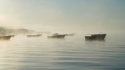 Obraz premium A group of boats are seen floating on a misty body of water, creating a serene and peaceful atmosphere. The mist adds a sense of mystery to the scene.