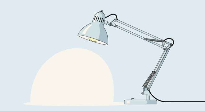 Classic silver metal desk lamp with an adjustable arm illuminating a bright circular area on a neutral background.
