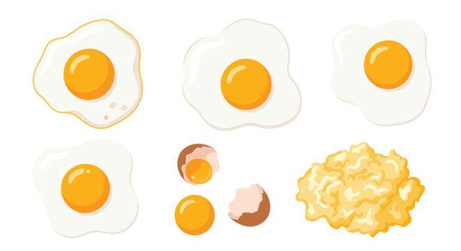 Various egg preparations including fried eggs scrambled eggs raw yolks and cracked eggshells for breakfast concepts.