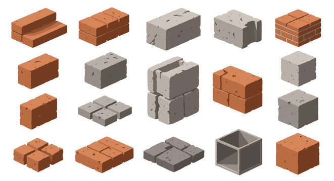 Comprehensive set of construction bricks and blocks in various shapes materials and isometric views for building.