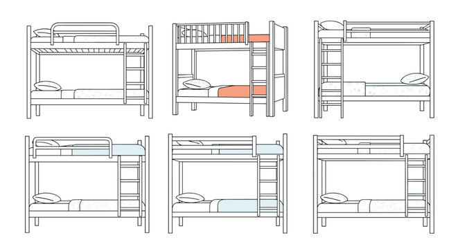 Technical sketches of bunk bed designs presented from multiple perspectives showing ladders and safety rails for children bedrooms.