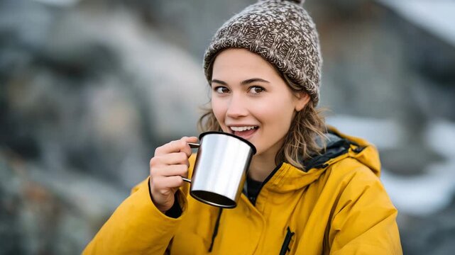 Close-up portrait of a happy female traveler in a vibrant yellow jacket and cozy beanie, gently cradling a brushed steel camping mug, steam rising into the cool mountain air, blurr
