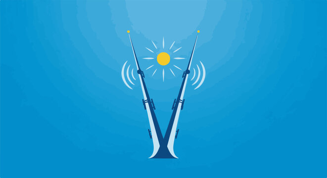 Two communication towers stand tall against a bright sun, sending signals