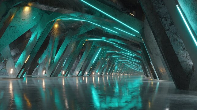 Futuristic geometric passageway illuminated by vibrant cyan neon lighting and reflective flooring